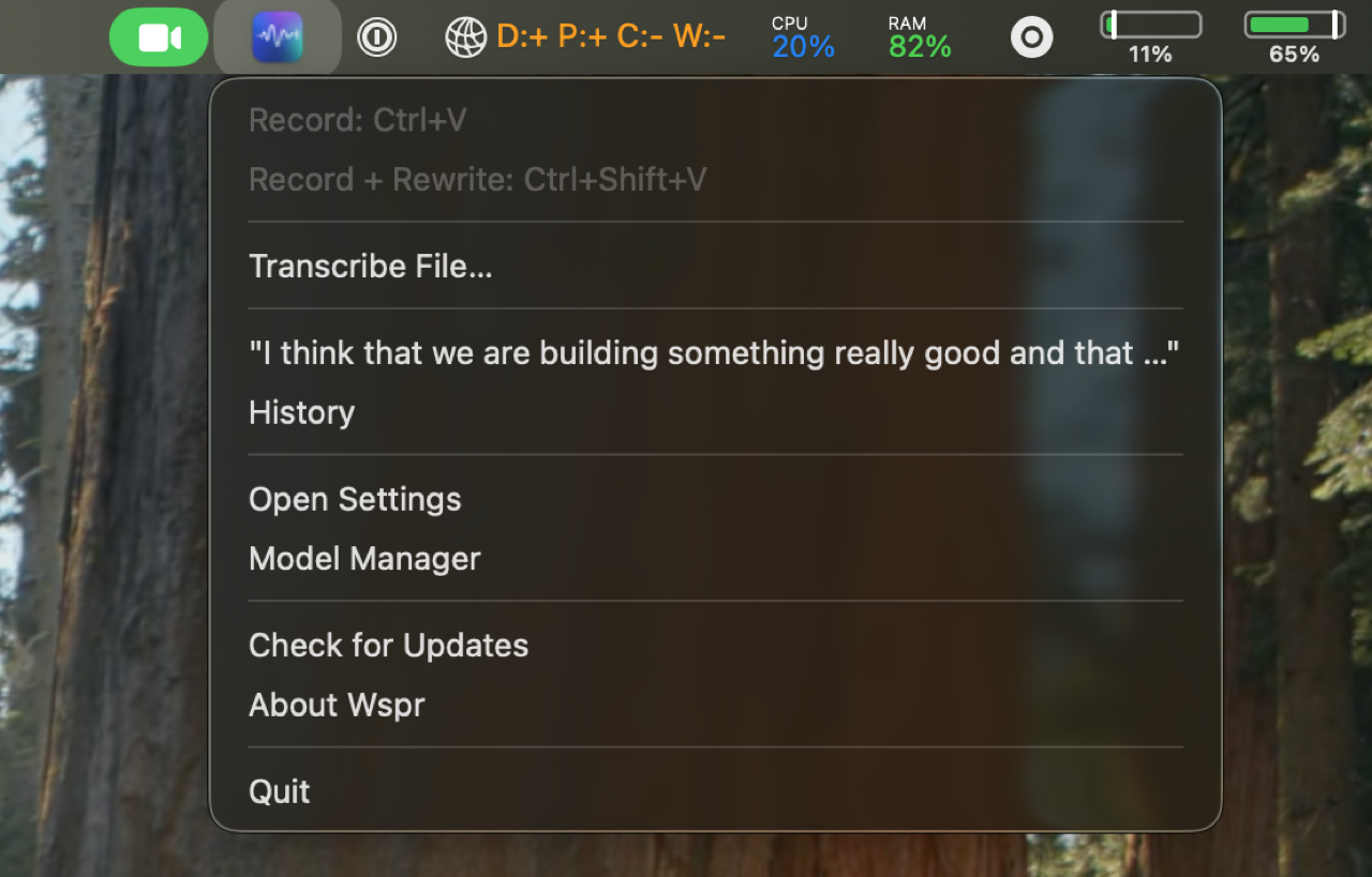 Wspr system tray app showing voice transcription