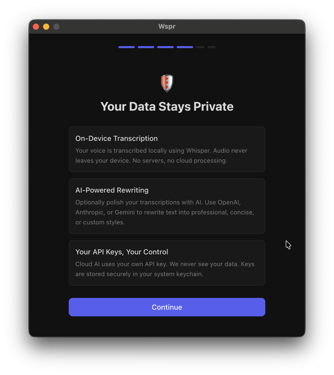Wspr privacy features — on-device transcription with local processing