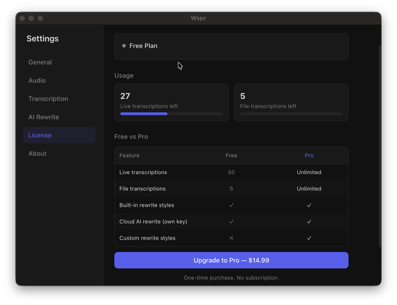 Wspr AI rewrite settings with multiple styles and LLM providers